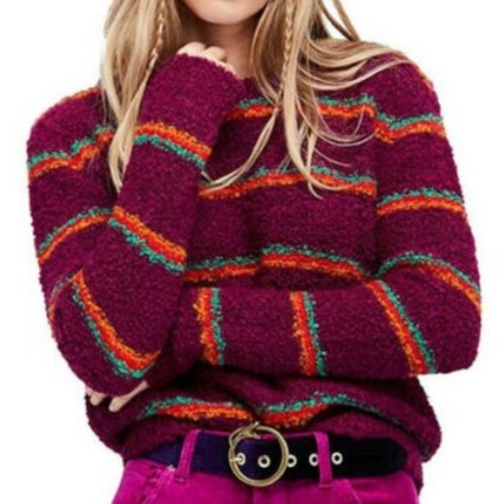 Free People Best Day Ever Sweater In Berry Striped Medium NWT